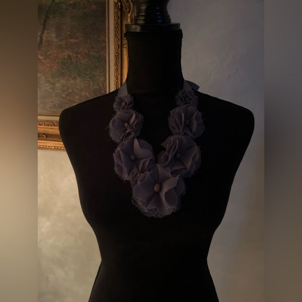 Gray Floral Fabric Statement Necklace | 25” clasp to closure| Ribbon Tie